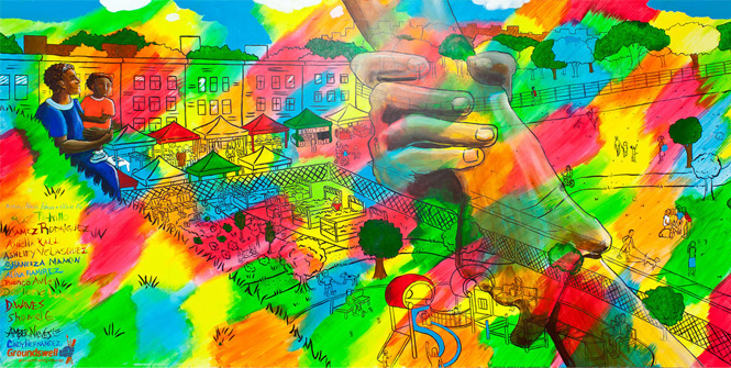 Together We Build a Healthy Community - West Farms Family Practice. Created by youth artists from Lehman High School. ©Groundswell