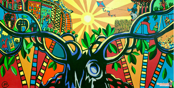 The Bloom of a Healthy Community - Comprehensive Health Care Center. Created by youth artists from the Morrisania Revitalization Corporation. ©Groundswell