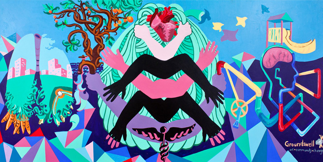 Community and Collaborations for Health - Family Health Center. Created by youth artists from the Mosholu Montefiore Community Center at PS 8. ©Groundswell