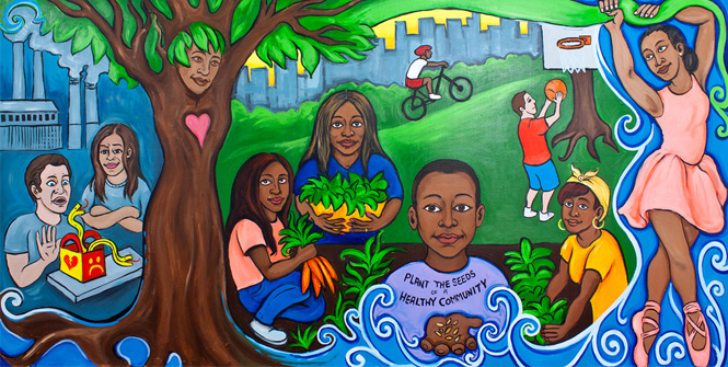Plant the Seeds of a Healthy Community - Williamsbridge Family Practice Center. Created by youth artists from the Unity Neighborhood Center ©Groundswell
