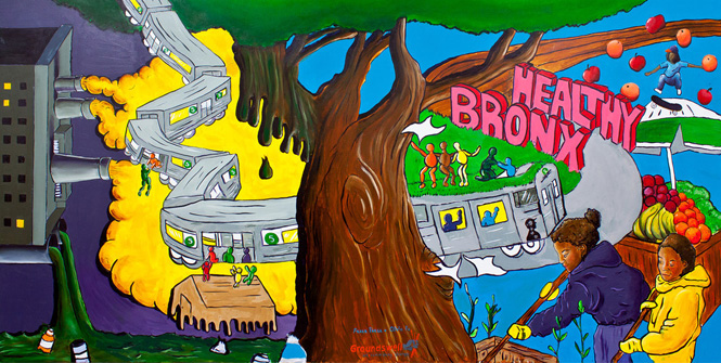 Moving Together Towards a Healthy Bronx - the Center for Child Health and Resiliency at the South Bronx Center for Children and Families. Created by youth artists from THE POINT Community Development Corporation's M.I.S.T.E.R. young men's empowerment program. ©Groundswell